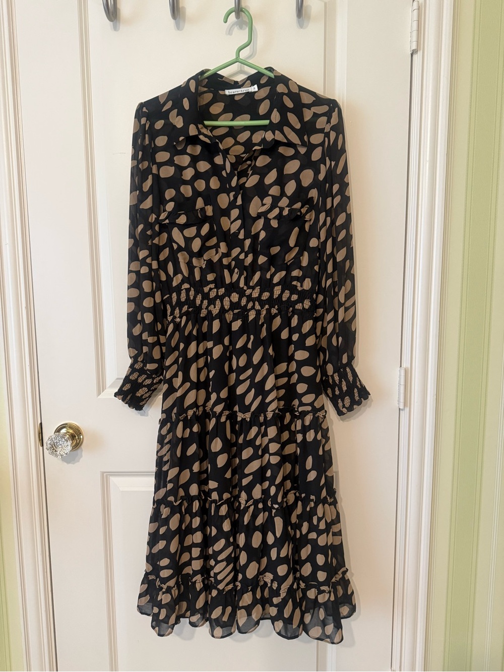 Black and Tan Spot Print Tiered Long-Sleeve Dress